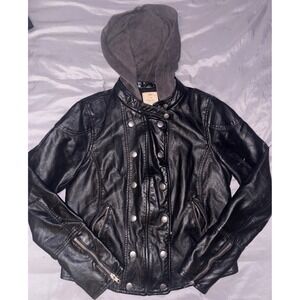 Free People Black Vegan Leather Moto Jacket with Hood | Snap & Zip Front, Medium